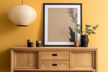 Mockup of a modern minimalist interior. Yellow tones. AI generated, human enhanced