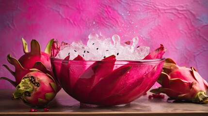 A bowl of freshly washed dragon fruit with water splashing in the bowl , room for copy - generative AI 