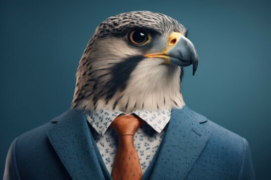 Anthropomorphic falcon dressed in a suit like a businessman. Business Concept. AI generated, human enhanced.
