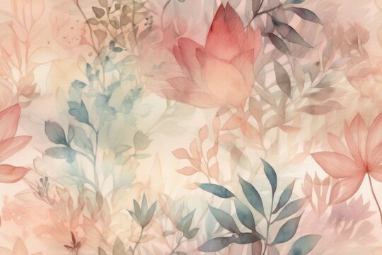 Watercolor Painting Botanical Dream Landscape Ethereal Rough Texture, Abstract Background Or Wallpaper. AI Generated,