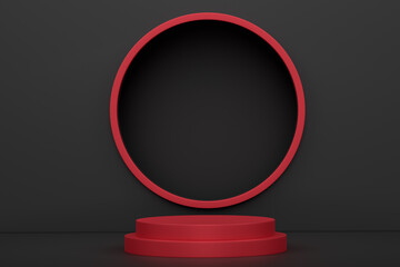 Pastel red cylinder podium with steps on black background