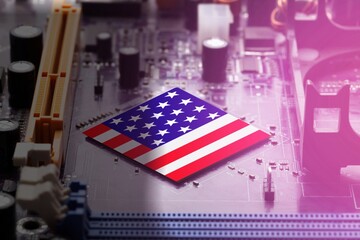 US flag and digital Computer Microchip