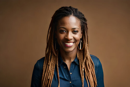 Portrait of a African woman with dreadlocks smiling at the camera in a studio. AI generated,
