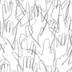 Contoured human palms, black and white seamless pattern. Endless background of hands with various gestures. Pencil drawing in a minimalistic style for printing on fabric, packaging. Hand-drawn style