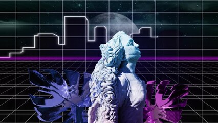 Animation of sculpture with interference over lines and cityscape with moon on black background - Powered by Adobe