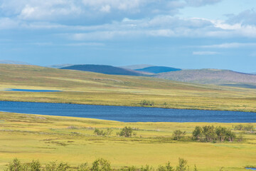 Landscape of  the tundra with a lake in the Finnmark province of Norway