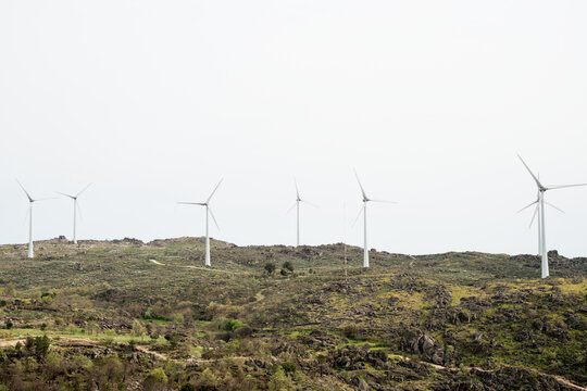 Green landscape with wind turbines in a row. Sortelha