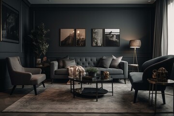 Living room with dark gray decor and seating. Generative AI