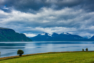 Cloudy sky over a fjord in  Norway
