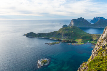 Fototapeta premium Beautiful landscape of the Lofoten Islands during the golden hour, view from Offersoy Mount trail, Norway