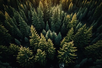 Aerial view of a lush pine forest. Ai generated.