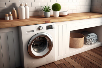 A washing machine integrated into the utility room, white and bright. Ai generated.