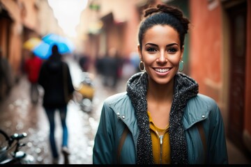 A stunning contemporary woman exudes confidence and charm as she effortlessly captivates the camera with her radiant smile and poised stance. Ai generated.