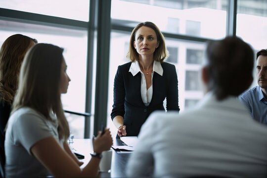 An accomplished and confident female executive takes charge of a boardroom meeting, expertly guiding and inspiring her team towards success. Ai generated.