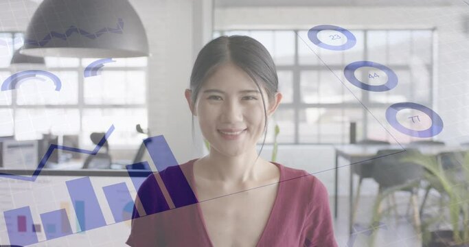 Animation of financial data processing over portrait of asian businesswoman at office