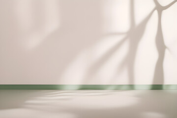 Empty wall and floor, soft beautiful spotted sunlight, shadow on light wall for luxury organic cosmetics, skin care. Place for text, generative ai