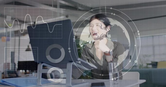 Animation of data processing and globe over happy asian businesswoman using laptop