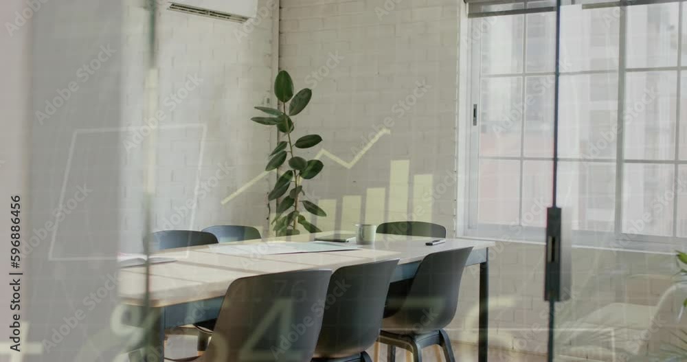 Poster animation of financial data processing over empty office