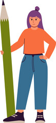 Student Girl Standing With Big Pencil. Vector Concept Illustration In Flat Style