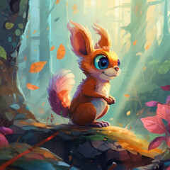 Naklejka premium Cartoon Squirrel in a magical forest