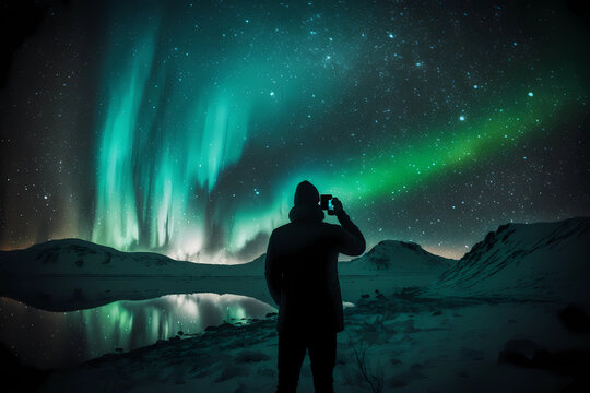 Person Taking Photo of the Northern Lights (Aurora Borealis) over Snowy Mountains and Reflecting in a Lake (Generative AI)