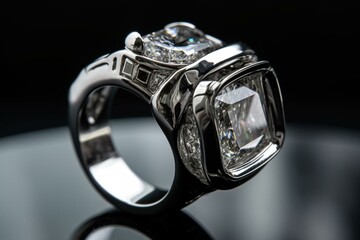 Reflective 3D diamond ring in white gold/silver. Generative AI