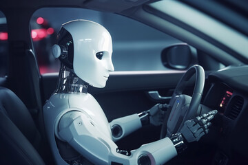 Obraz na płótnie Canvas Futuristic humanoid robot drives a car. Generative AI.