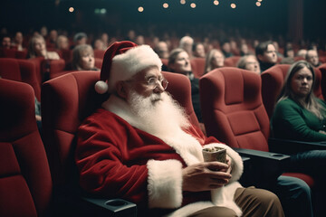 Santa Claus sitting in the cinema and watching a movie. Generative AI.
