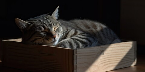 a cat sleeping in a cardboard box at home Generative AI