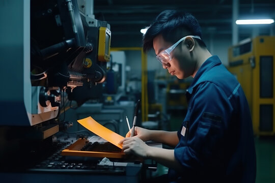 A man in a factory working on a piece of paper