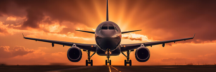 Fototapeta na wymiar Airplane taking off from an airport runway, over spectacular sunset sky light, Passengers Jet plane in dramatic clouds about to take off. Travel and Tourism Concept 