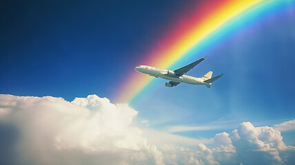 Fototapeta na wymiar Airplane flying towards the rainbow in blue sky. Aerial view of charter passenger jet, Travel and Tourism Concept