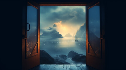 Open doors. Open doors and magical glow, Fantasy night scene with sea landscape generative ai