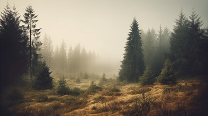 Fir trees in the fog in the mountains. High quality generative ai