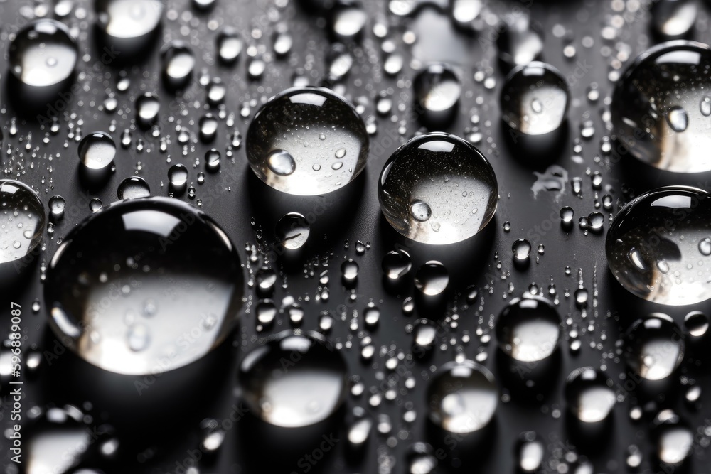 Poster water droplets in macro on a dark surface. generative ai