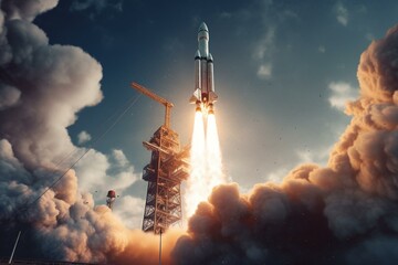 Illustration of a spacecraft lifting off with a rocket. Generative AI