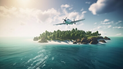 Light-engine plane flies over the ocean in the morning sky clouds at dawn with tropical island background