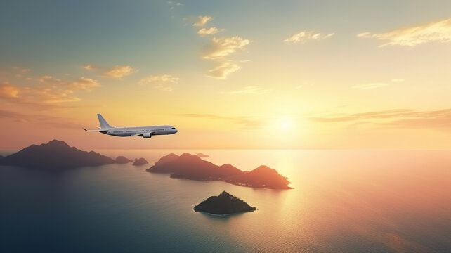Passenger Airplane Fly Over Islands in Ocean, Coastline at Sunrise in summer - Travel and Tourism Concept