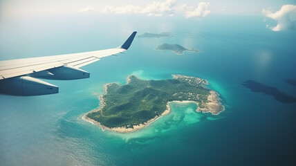 Airplane wing flying plane jet over tropical islands in ocean, view from window at sunset in summer - Travel and Tourism Concept