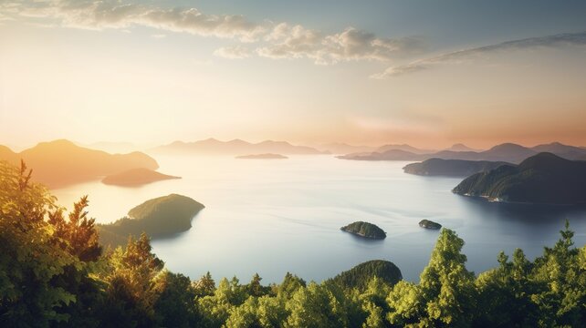 islands on the lake at sunset in summer. Landscape with sky, islands and blue water. Travel and resort. Tourism