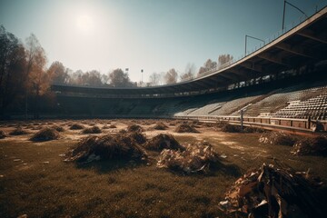 Sunlit abandon stadium for football(soccer). Generative AI