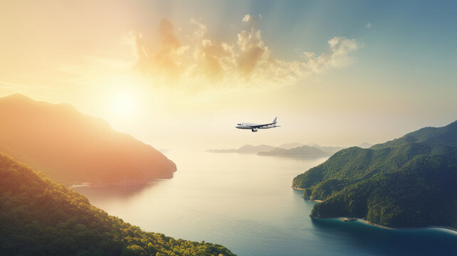 Airplane is flying over amazing mountains with forest and lake at sunrise in the mountains, Passenger Aircraft Jet - Travel and Tourism Concept