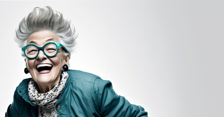 Close-up studio portrait of a smiling senior woman with a turquoise leather jacket and glasses - copy space, isolated, not based on a real person, Generative AI