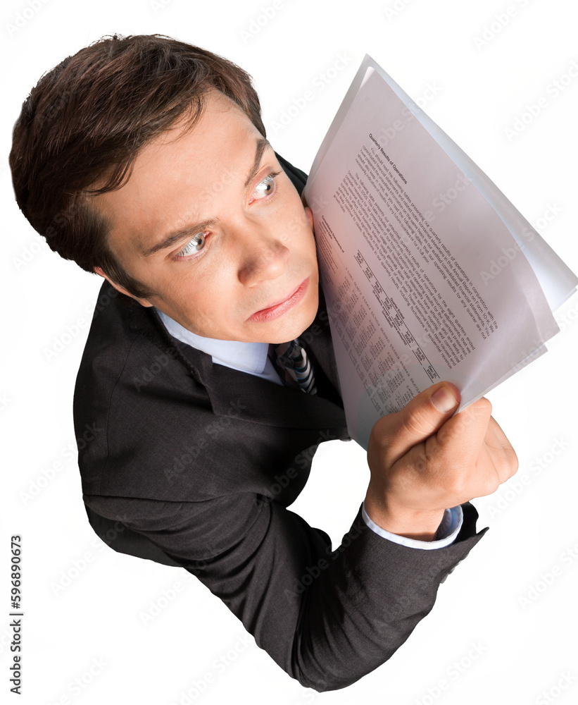 Poster Close-up of business man in suit holding documents isolated on white background