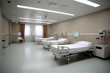 Hospital room with beds and comfortable medical equipped in a modern hospital. AI generated content