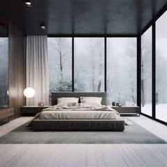 Corner of stylish modern bedroom with wooden floor and black ceiling, cozy king size bed with grey blanket. AI generated content