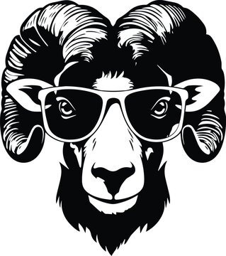 Bighorn Sheep In Sunglasses Logo Monochrome Design Style
