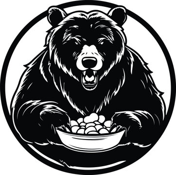 Bear Eating Logo Monochrome Design Style
