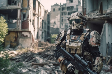 Fototapeta na wymiar a man in combat gear in a war zone, soldier with the support of artificial intelligence. Generative AI