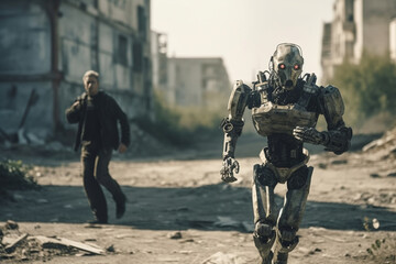 a man is afraid of a running robot in a destroyed city with ruins, fictional place. Generative AI